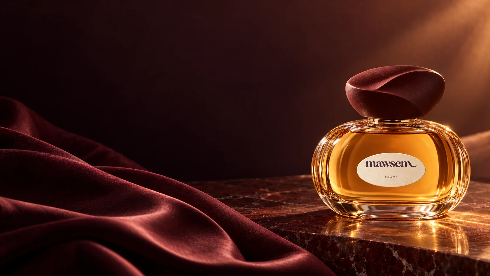 TRACE in amber light, with wine silk and oxblood stone