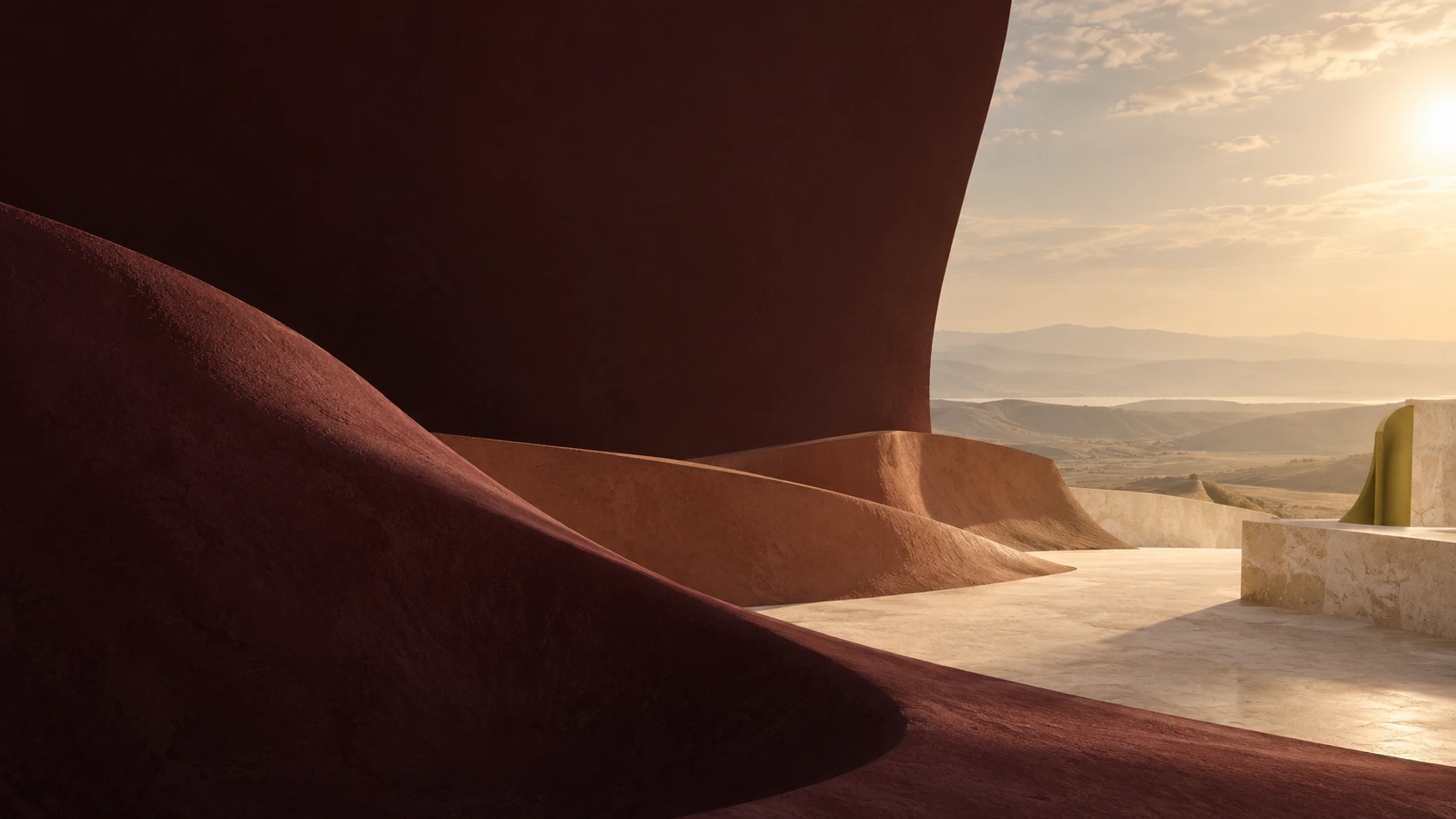 Architectural folds and curved surfaces in the MAWSEM wine, clay and ivory palette