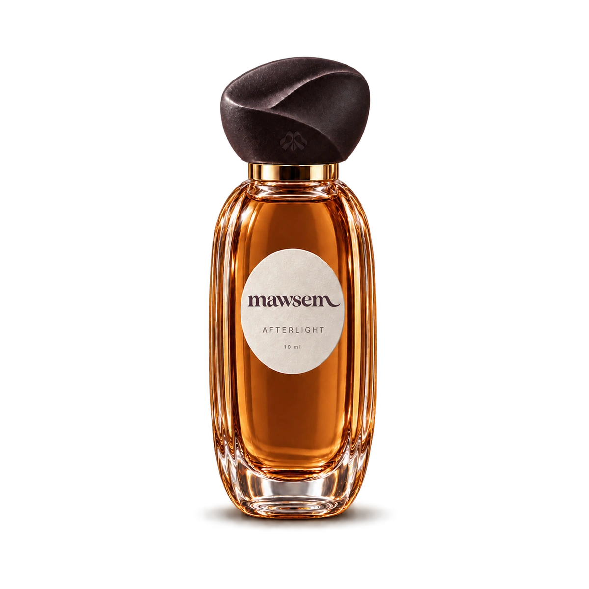 AFTERLIGHT, 10 ml travel fragrance in slender fluted glass with an ivory label and dark plum folded cap