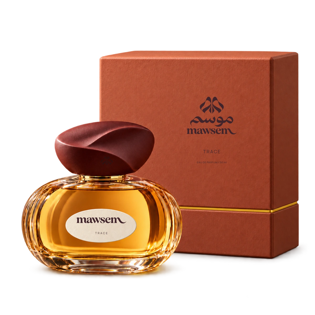 TRACE 50 ml bottle beside its clay-colored MAWSEM gift presentation box