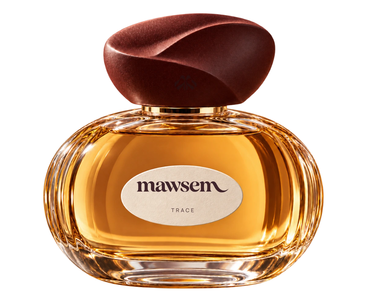 TRACE, 50 ml fragrance in an oval glass bottle with an ivory label and wine-colored folded cap
