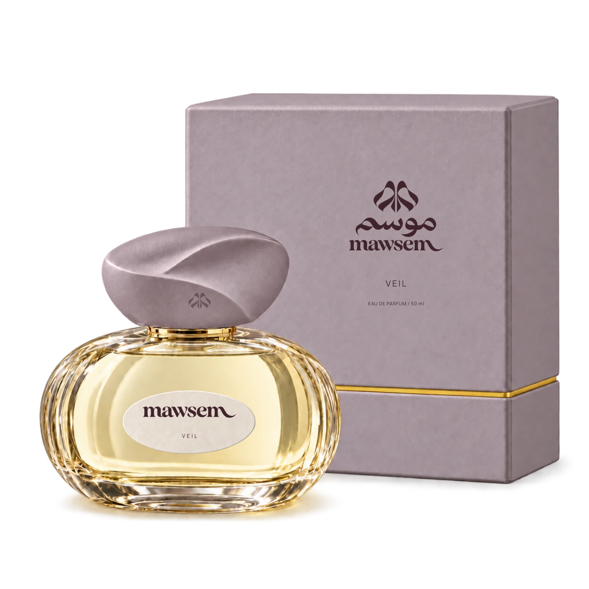 VEIL 50 ml bottle beside its pale mauve MAWSEM gift presentation box