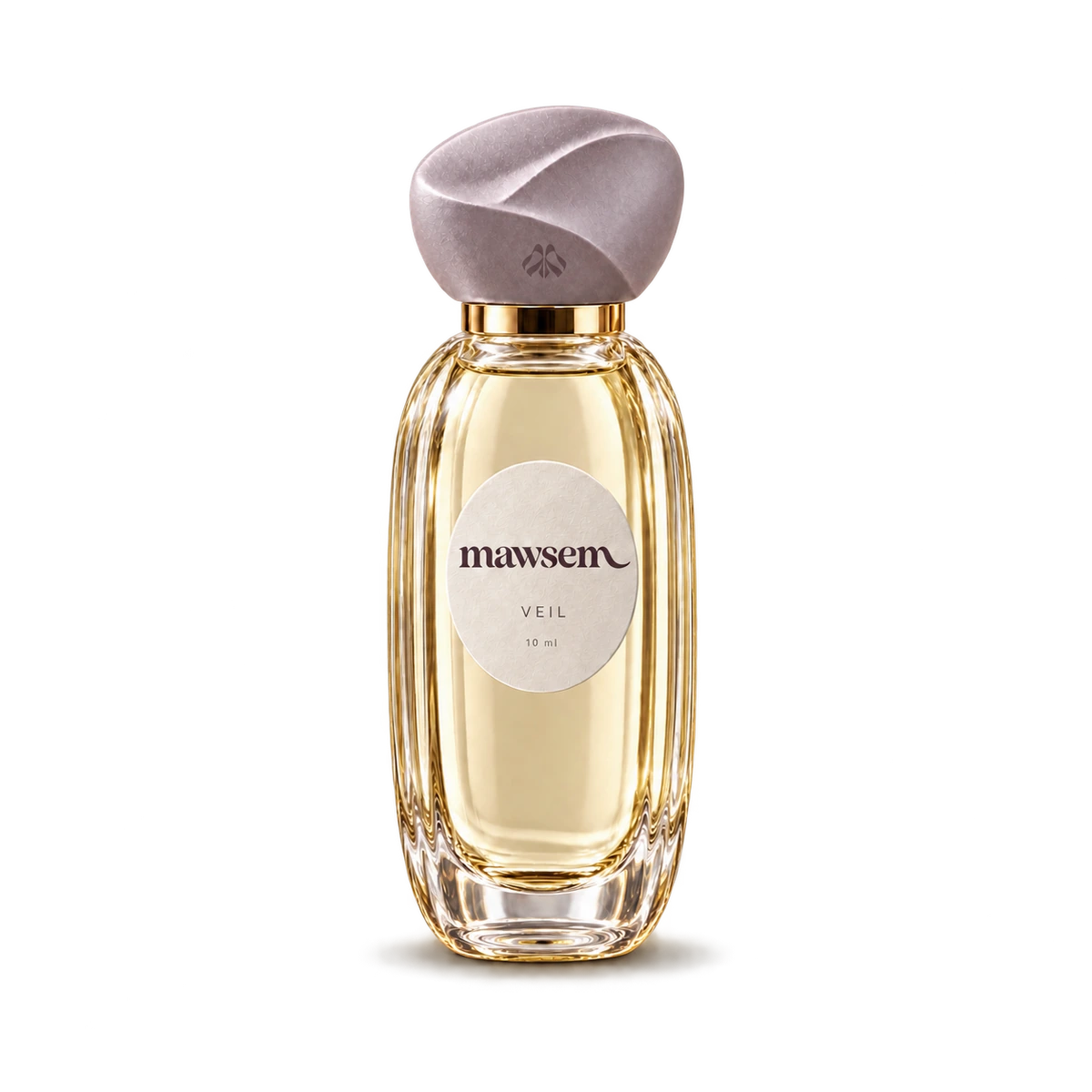 VEIL, 10 ml travel fragrance in slender fluted glass with an ivory label and pale mauve folded cap