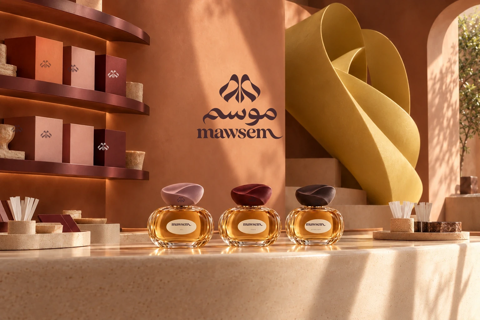 A conceptual MAWSEM salon with clay curves, pale stone and a folded citron installation