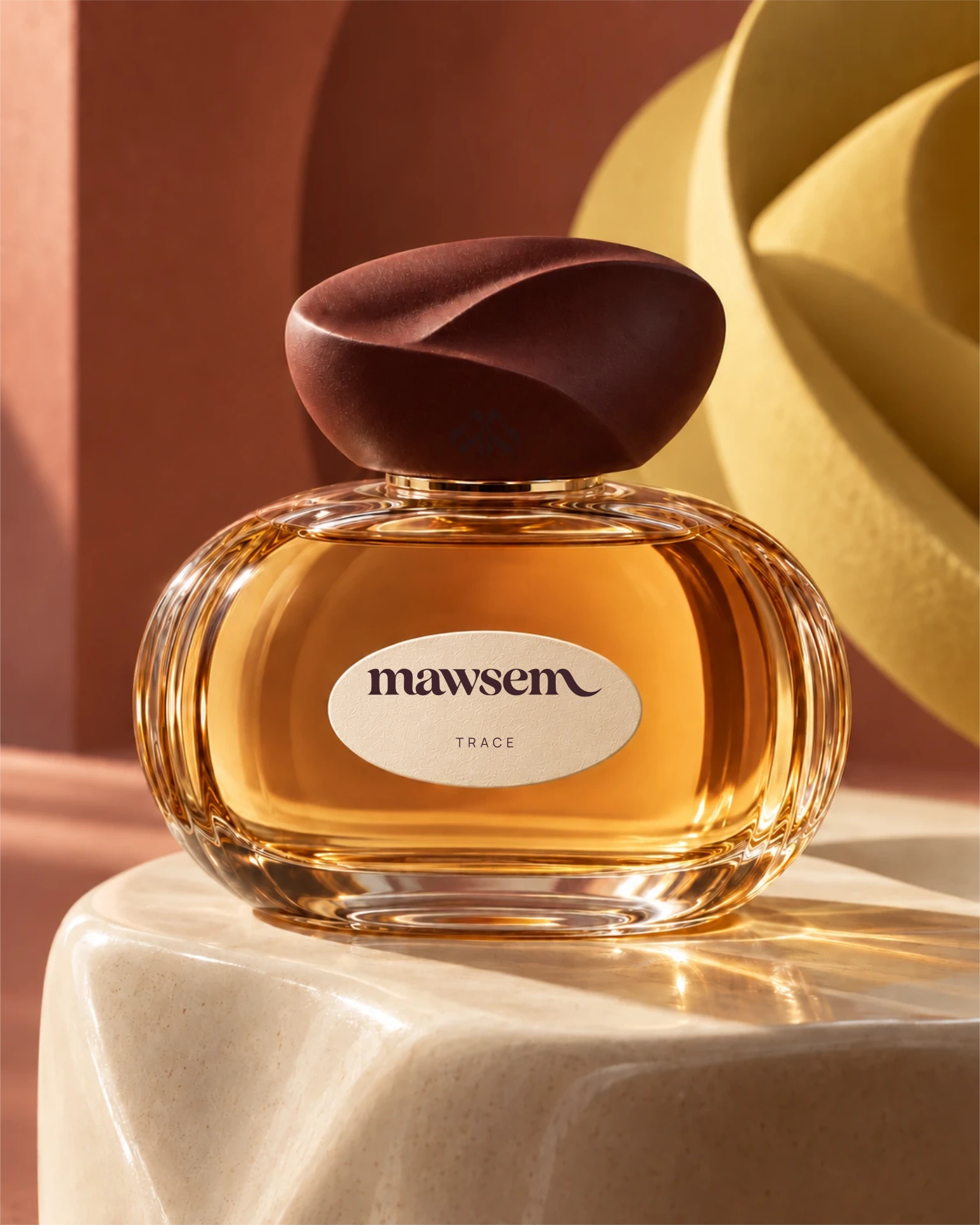 TRACE fragrance in fluted oval glass with an ivory label and folded wine-colored cap